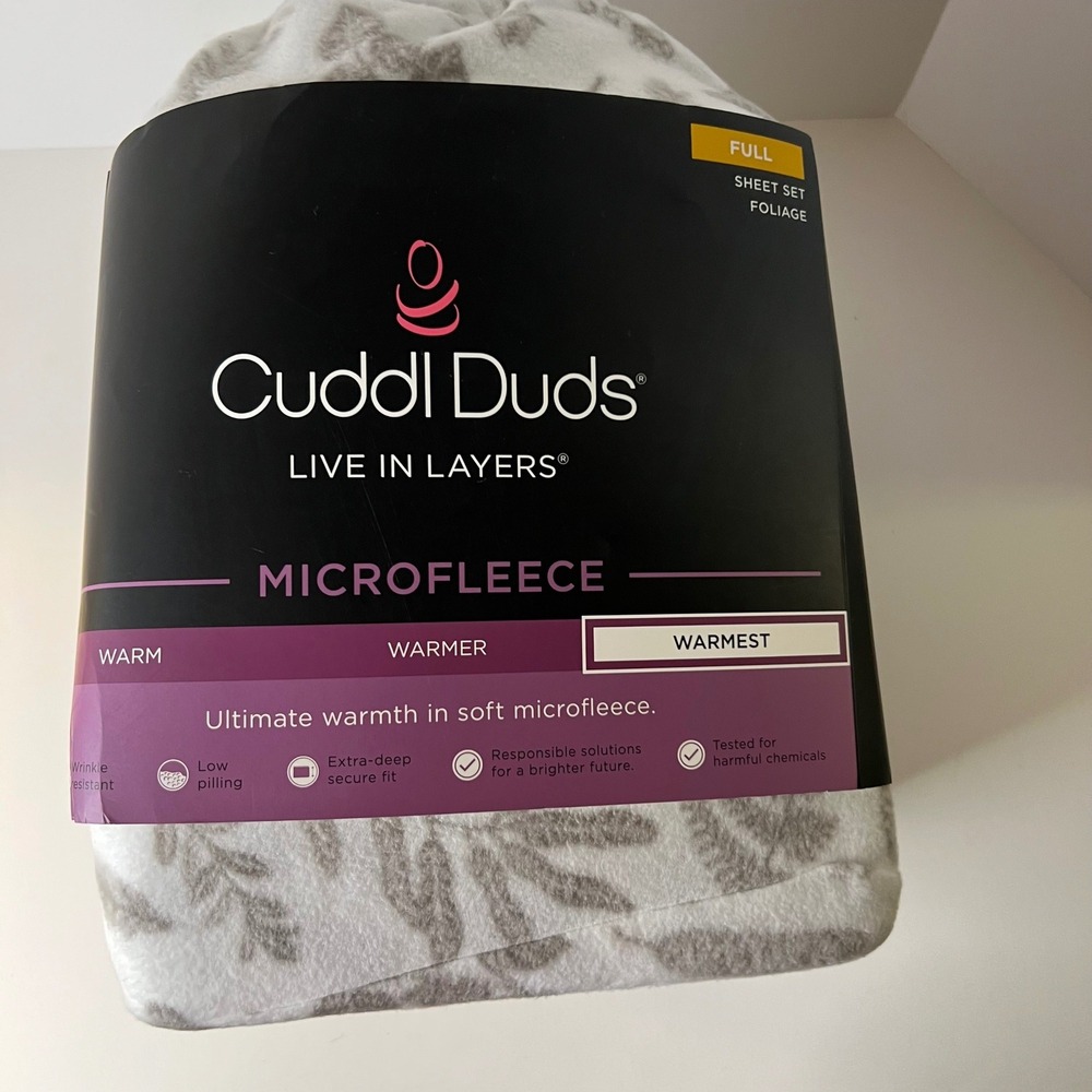Cuddl Duds MicroFleece Full Sheet Set Foliage Polyester Gray White NIP